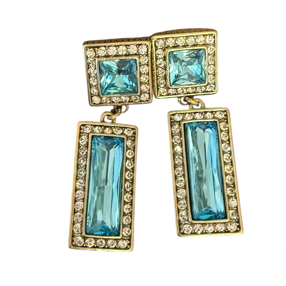 Heidi Daus Elegant Gold and Blue Crystal Drop Earrings Signed